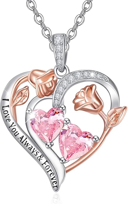 Zeuslia Double Birthstone Necklace Gifts for Wife - 925 Sterling Silver Sunflower/Rose/Crown Cross/Compass/Heart Pendant I Love You Necklace, Anniversary Birthday Gifts for Wife Girlfriend Mom Her