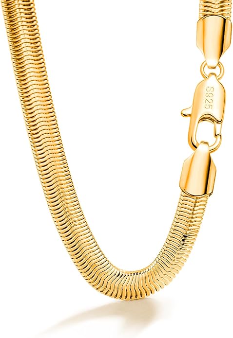 Dankadi Men 925 Sterling Silver Necklace Italian 6MM-8MM Flexible Flat Snake Chain Choker 16-30 Inch 24K Gold plated Fine Jewelry Gifts for Women