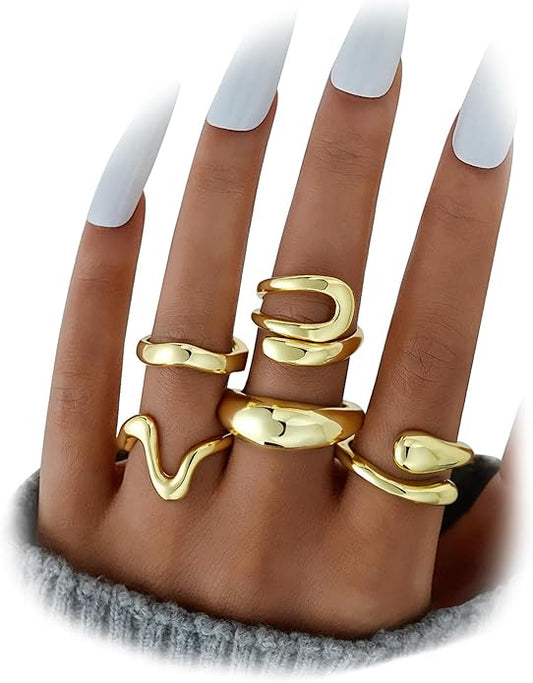 17 MILE Chunky Gold Stackable Rings for Women Non Tarnish, 18K Gold-Plated Statement Open Stacking Rings, Knuckle Band Ring Set
