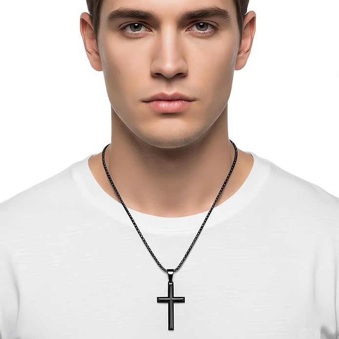 Fiusem Beveled Edge Cross Necklace for Men, Silver Tone/Black/14K Gold Plated Mens Cross Necklace, 2.5MM Stainless Steel Box Chain with Pendant