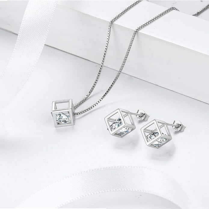 Aurora Tears Birthstone Necklace/Earring 925 Sterling Silver Women Cross/3D Cube/Cresent Moon Birth Stone Jewelry Mens Birthday Gift Anniversary Present