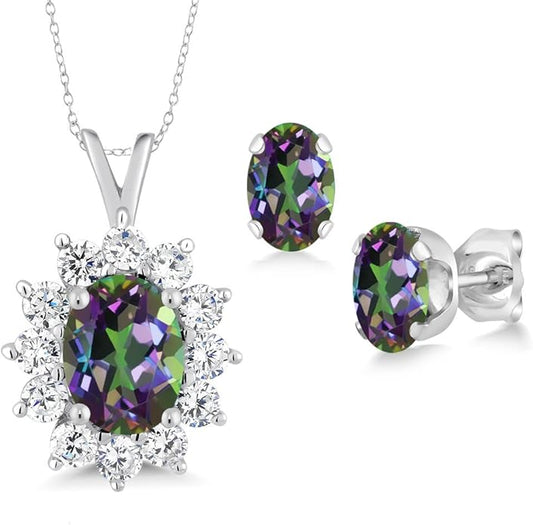 Gem Stone King 8X6MM and 6X4MM Oval Gemstone Birthstone Pendant and Earrings Jewelry Set For Women | 925 Sterling Silver | Fine Jewelry Gifts for Her Mom Women Wife | With 18 Inch Chain
