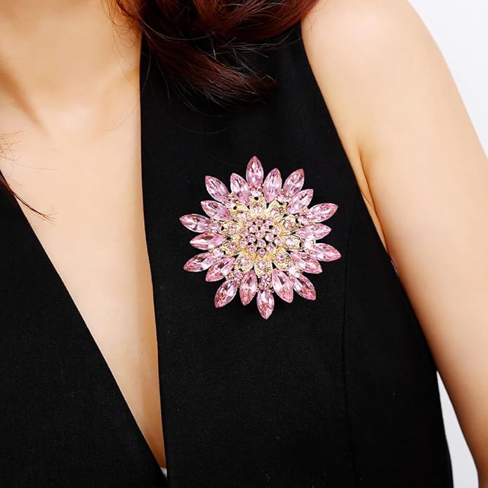 Rhinestone Large Flower Brooches Pins for Women Fashion Sparkly Crystal Sunflower Statement Brooch Unique Wedding Party Suit Dress Jewelry Accessories