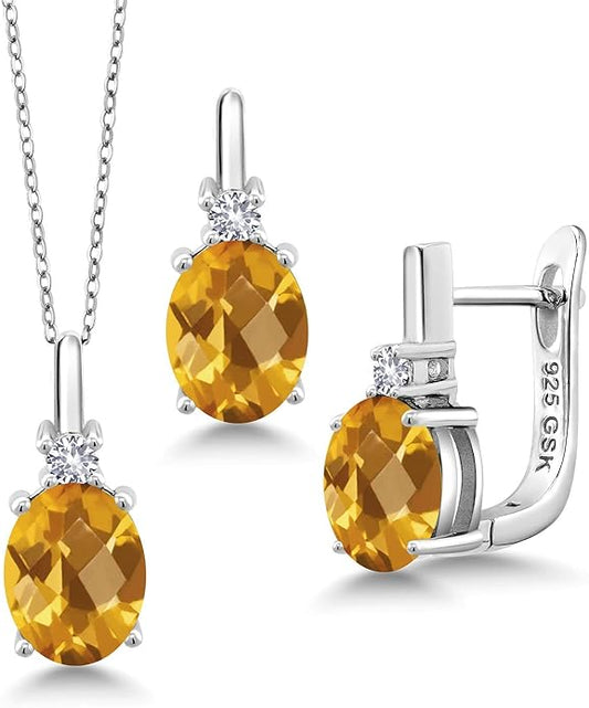 Gemstone Birthstone and White Created Sapphire Pendant and Earrings Jewelry Set for Women in 925 Sterling Silver | Oval 8X6MM and Round 2.5MM | With 18 Inch Chain | Fine Jewelry for Her Mom Women Wife