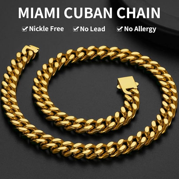 ChainsHouse Stainless Steel Mens Cuban Link Chain, Black/ 18K Gold Plated Miami Cuban Chain Necklace, 5mm/7mm/9mm/12mm/14mm Width, No Tarnish& Durable Hip Hop Mens Jewelry, 18"-30", Send Gift Box