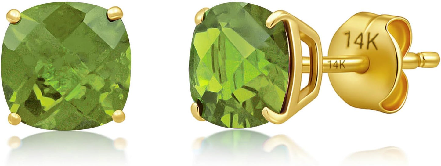 14k Gold 6MM Cushion Cut Stud Gemstone Earrings | Hypoallergenic Solitaire Gemstone Studs with 14K Gold Backs | Lightweight Birthstone Earrings with Gift Box by MAX + STONE