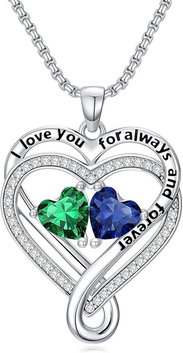 I Love You for Awlays and Forever Double Heart Necklace with Birthstone, 2 Birth Stone Jewelry Anniversary Valentines Mothers Day Christmas Birthday Gifts for Women Her Wife Girlfriend Mom Mother