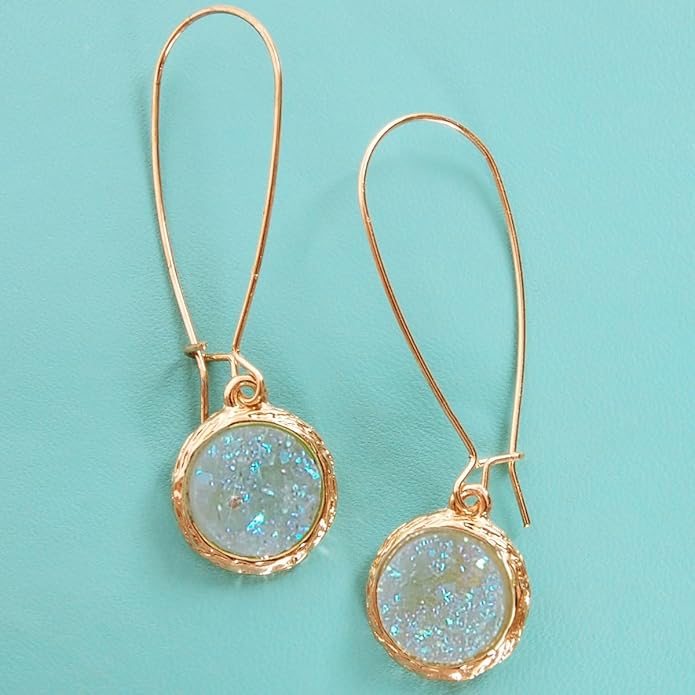 Simulated Druzy Threader Drop Earrings for Women - Gold, Silver, or Rose Gold Tone Trendy Boho Dangles with Sparkly Round Stone