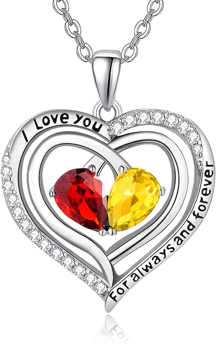 Zeuslia Double Birthstone Necklace Gifts for Wife - 925 Sterling Silver Sunflower/Rose/Crown Cross/Compass/Heart Pendant I Love You Necklace, Anniversary Birthday Gifts for Wife Girlfriend Mom Her
