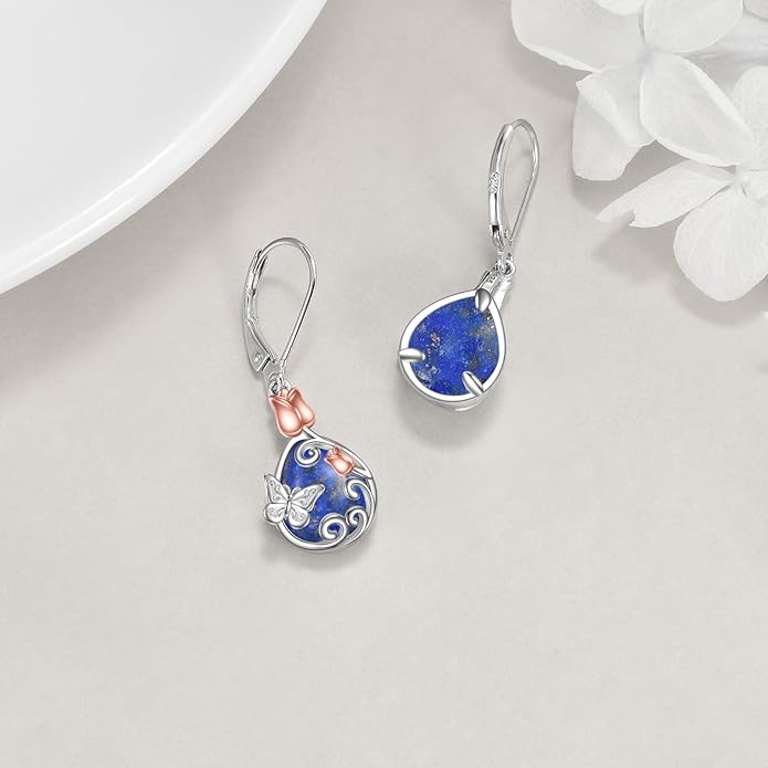 AOBOCO Butterfly/Dragonfly/Bee/Ladybug Leverback Earrings 925 Sterling Silver Rose Lotus Tulip Flower Filigree Dangle Earrings Teardrop Moonstone Larimar Turquoise Abalone Shell Jewelry Birthday Gifts for Women