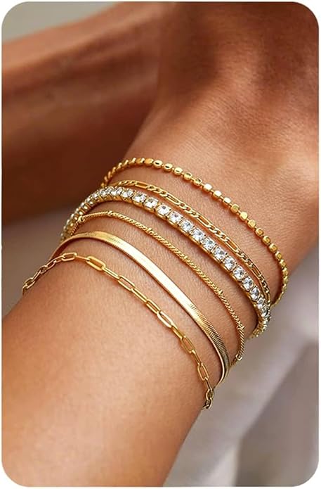 Krfy 5/6Pcs Gold Plated Bracelets for Women Trendy, S925 Plated Silver Bracelet Stack, Non Tarnish Waterproof Bracelets for Women, Paperclip Herringbone Figaro Cuban Twist Chains, Size 6.5''+2''