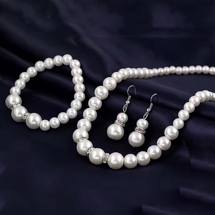 la luen Pearl Bride Wedding Jewelry Set Faux Pearls Crystal Rhinestone Necklace Earrings Bracelet Sets for Women Bridesmaid(3 PCS)