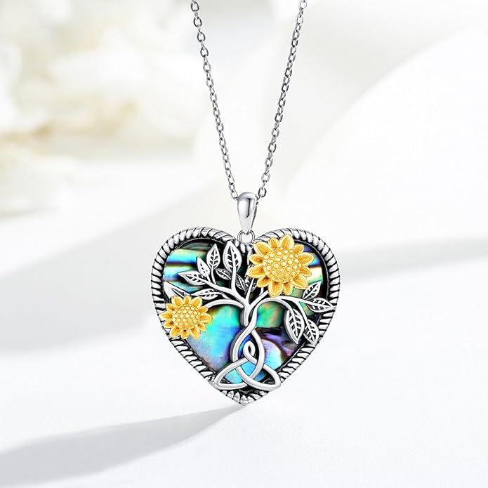 CHENGHONG Sunflower Necklace 925 Sterling Silver Tree of Life Necklace Daisy/Rose/Sunflower Pendant Necklace Sunflower Jewelry Gifts for Women Mom