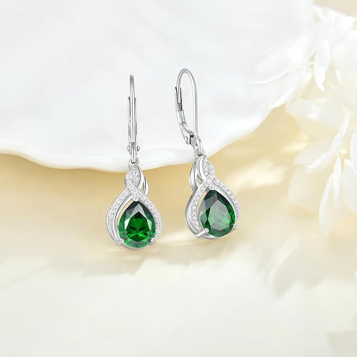 Infinity Teardrop Jewelry Set for Women Emerald Necklace & Earrings May Birthstone Jewelry