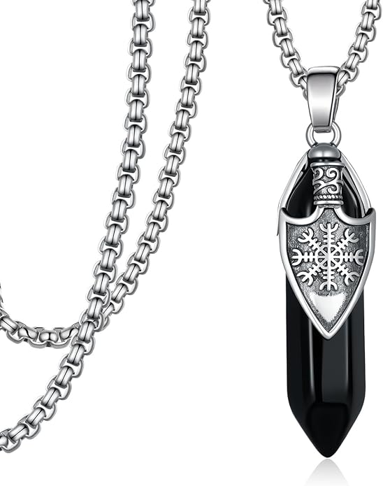 Tiaxiemo Viking Necklace for Men 925 Sterling Silver Black Obsidian Viking Necklace Norse Jewelry Gifts for Men
