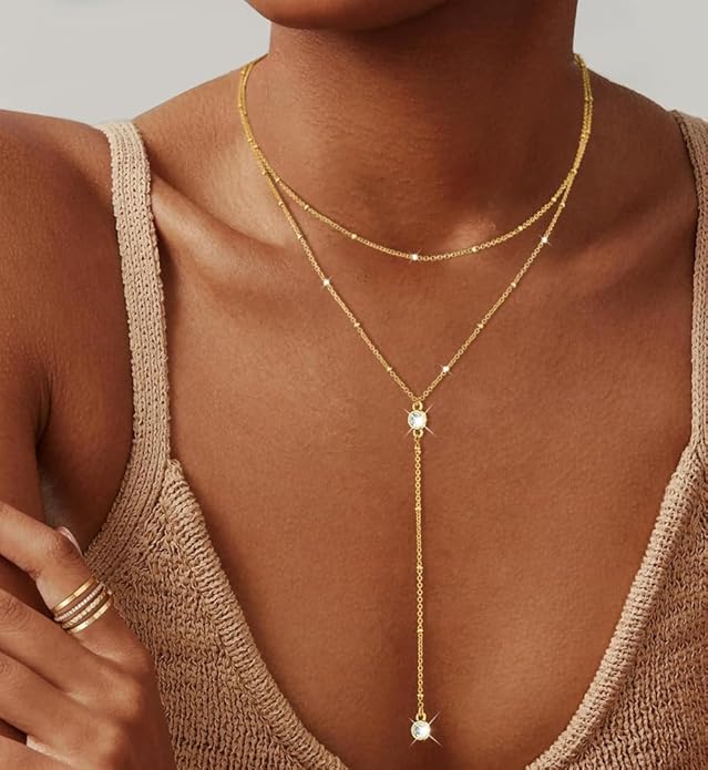 iF YOU Lariat Gold Long Necklaces for Women Trendy, Dainty 14K Gold Plated Drop Chain Necklace, Layered Rosary Beaded Y Necklaces Simple Fashion Jewelry Gifts