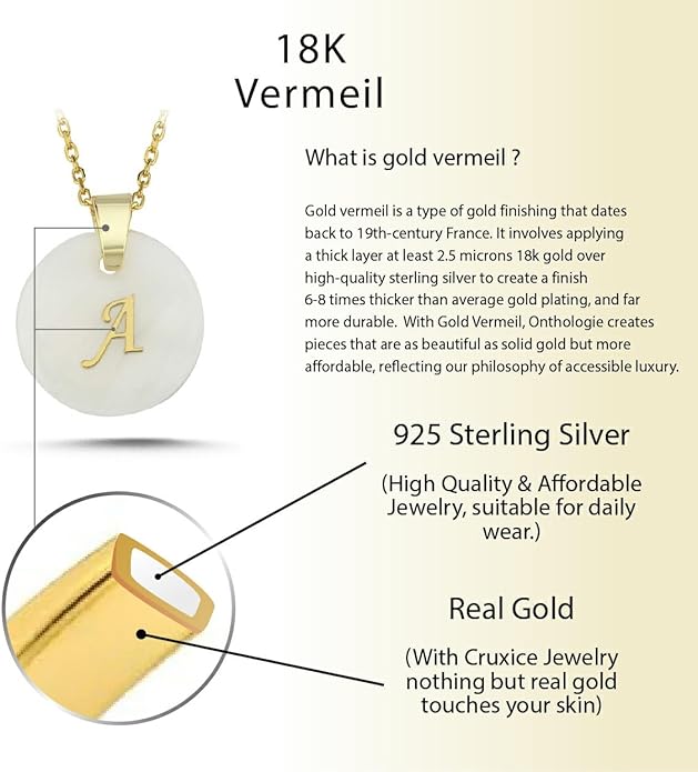 Initial Necklace for Women - Gifts for Women 18ct Gold Vermeil Letter Necklace Genuine Mother of Pearl 925K Sterling Silver Dainty Letter A-Z Necklace