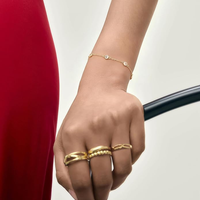 Gold Bracelets for Women,14K Dainty Gold Plated Bracelets Non Tarnish Waterproof Diamond Bracelets Heart Flower Round Square CZ Charm Bracelet Trendy Stuff Jewelry Gifts for Her