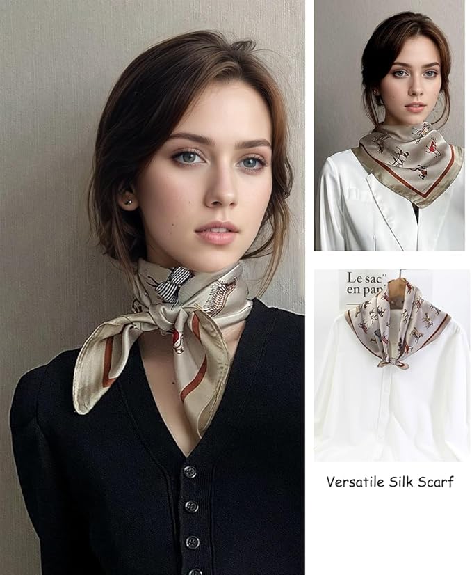ANDANTINO 100% Pure Mulberry Silk Small Square Scarves -21'' x 21''- Digital Printed Neckerchief –Women Men Lightweight Scarf