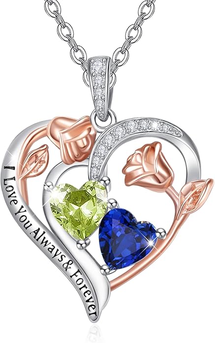 Zeuslia Double Birthstone Necklace Gifts for Wife - 925 Sterling Silver Sunflower/Rose/Crown Cross/Compass/Heart Pendant I Love You Necklace, Anniversary Birthday Gifts for Wife Girlfriend Mom Her