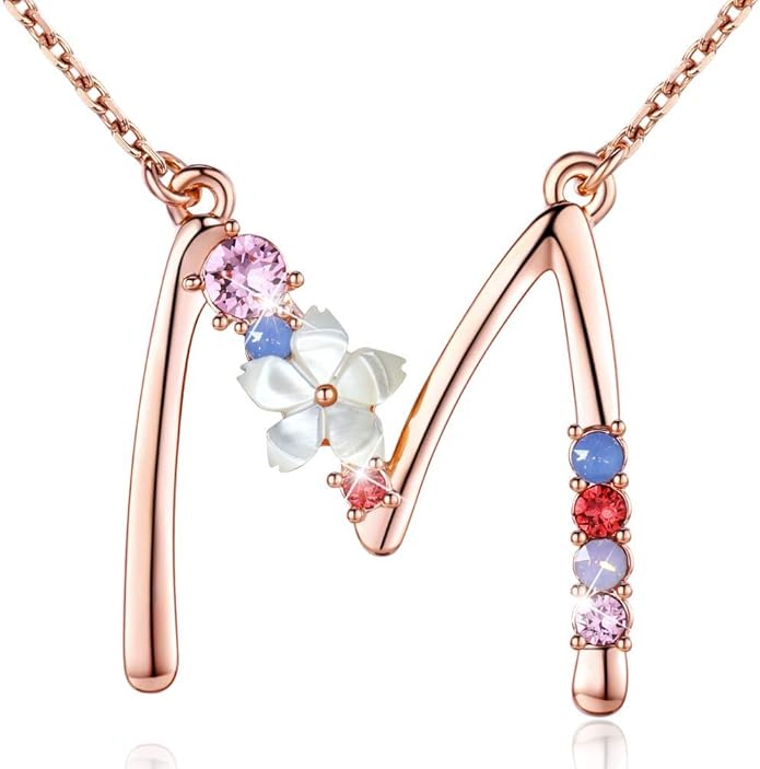 Flower Initial Letter Necklace Pink Red Blue Simulated Pearl Pendant Name Jewelry Made with Austrian Crystals Rose Gold Plated Anniversary Birthday Gifts for Women,18"+2"