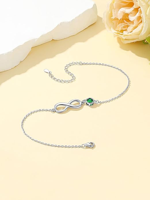 Custom4U Personalized Infinity Ankle Bracelets for Women 925 Sterling Silver Anklet Bracelet Endless Love Symbol Birthstone Charm Adjustable Foot Chain Jewelry Mothers Day Gifts for Mom Wife Women Her