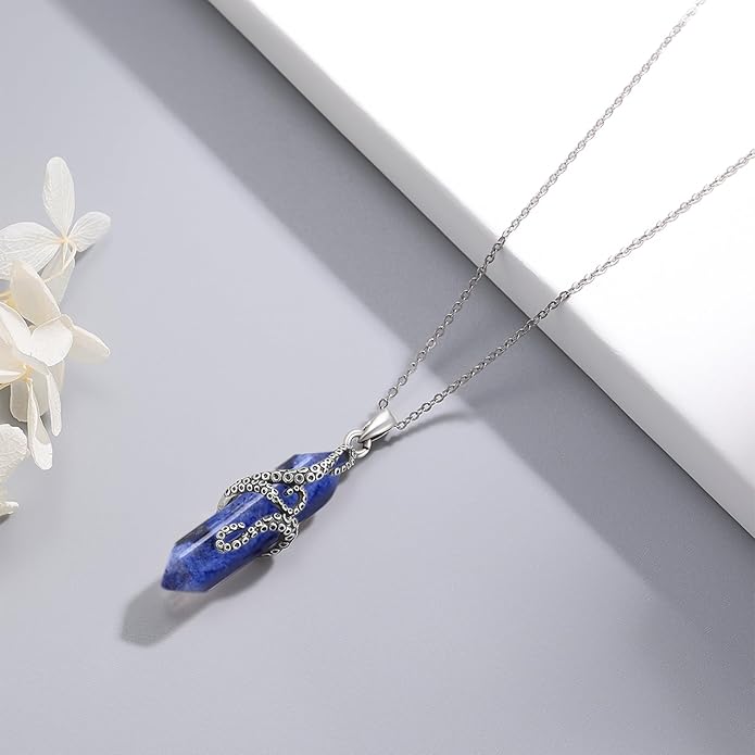 OHAYOO Octopus Tentacles Necklace 925 Sterling Silver Octopus Pendent Necklace Wrapped Obsidian Octopus Jewelry Gifts for Women