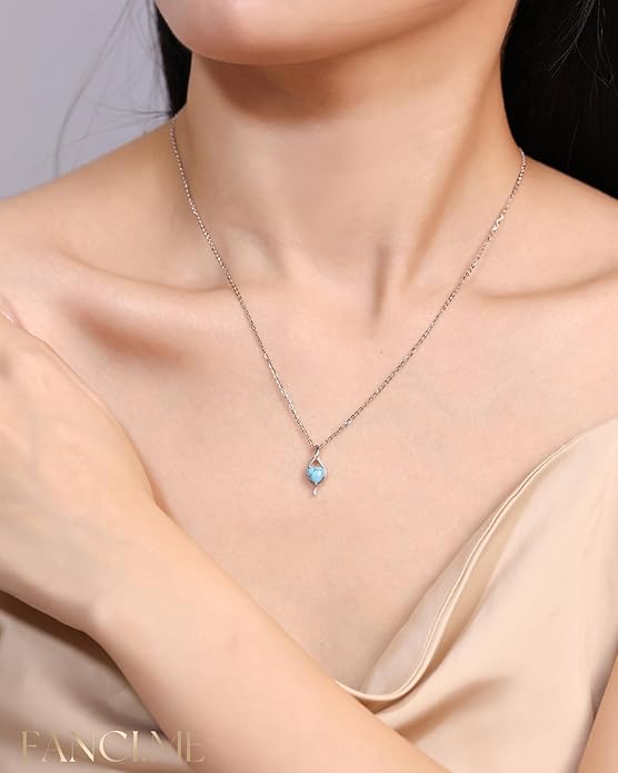 FANCIME 14K Solid White Gold Birthstone Necklace Genuine or Created 6mm Heart Gemstone Pendant with Lab Grow Diamonds Sterling Silver Chain Fine Jewelry Anniversary Birthday Gifts for Women 16" + 2"