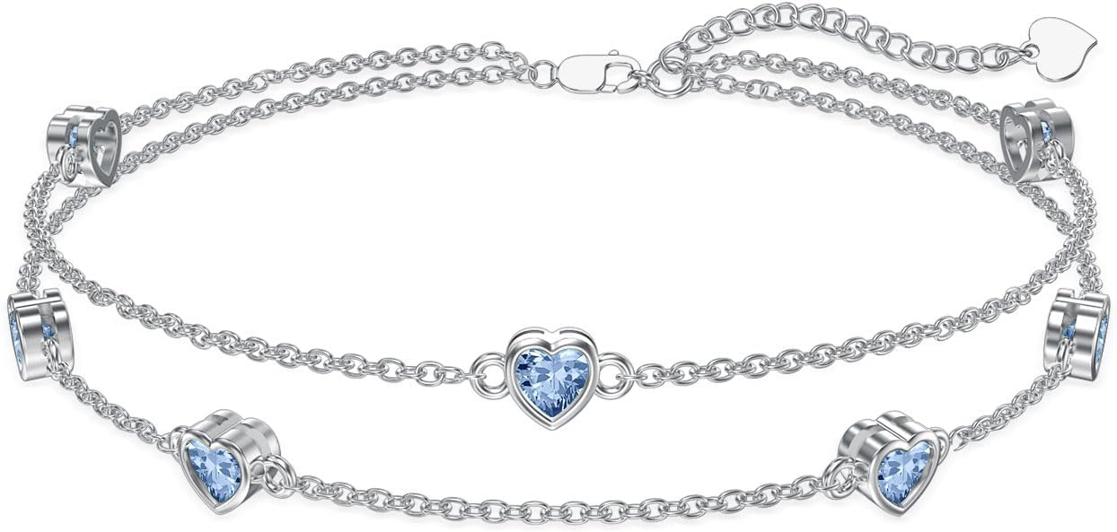 Dorunmo Heart Birthstone Anklet Bracelets for Women 925 Sterling Silver Birthday Jewelry Best Mother's Day for Women Wife
