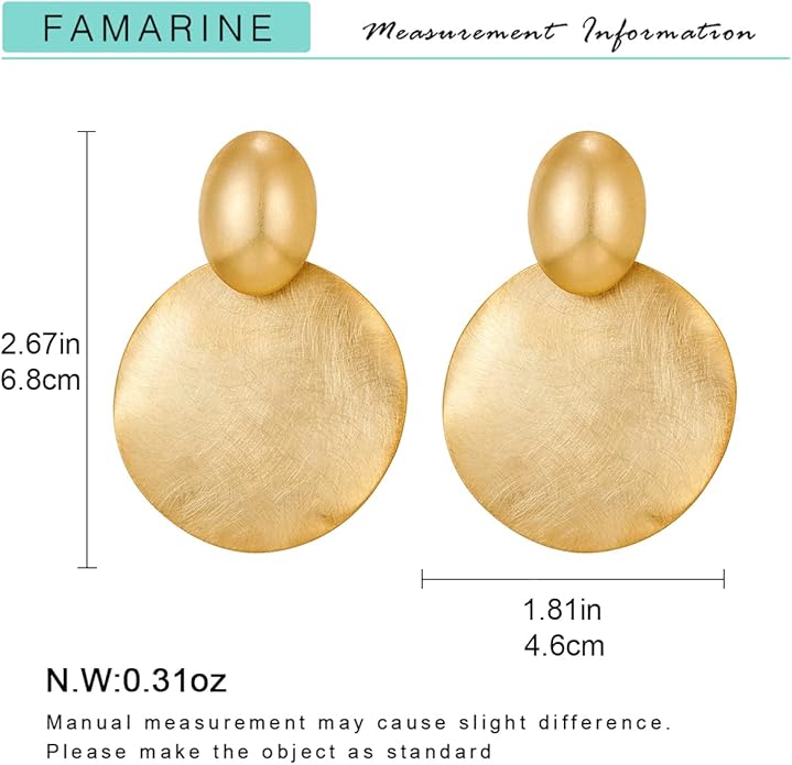 FAMARINE Big Disc Drop Earrings Gold Dangle Earrings Round Hammered Earrings Women