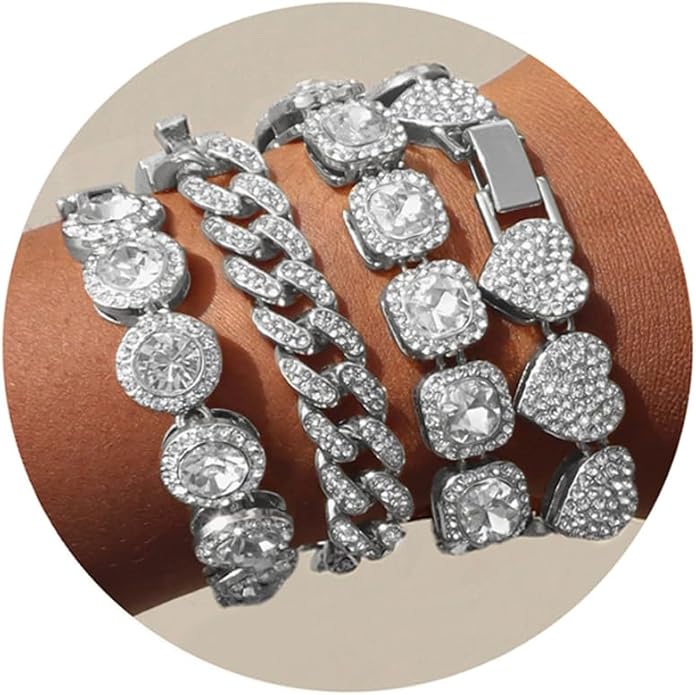 shopbyskyler 4PCS Gold Bracelets for Women Silver Clustered Tennis Bracelet for Women Heart Round Diamond Cuban Bracelet Layered Link Bracelet Set Fashion Jewelry for Women Set