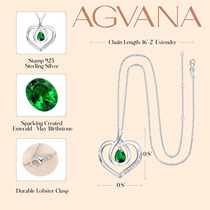 AGVANA Christmas Gifts Heart Birthstone Necklace for Women Sterling Silver Genuine or Created Gemstone Forever Love Pendant Necklace Fine Jewelry Anniversary Birthday Gifts for Women Mom Wife