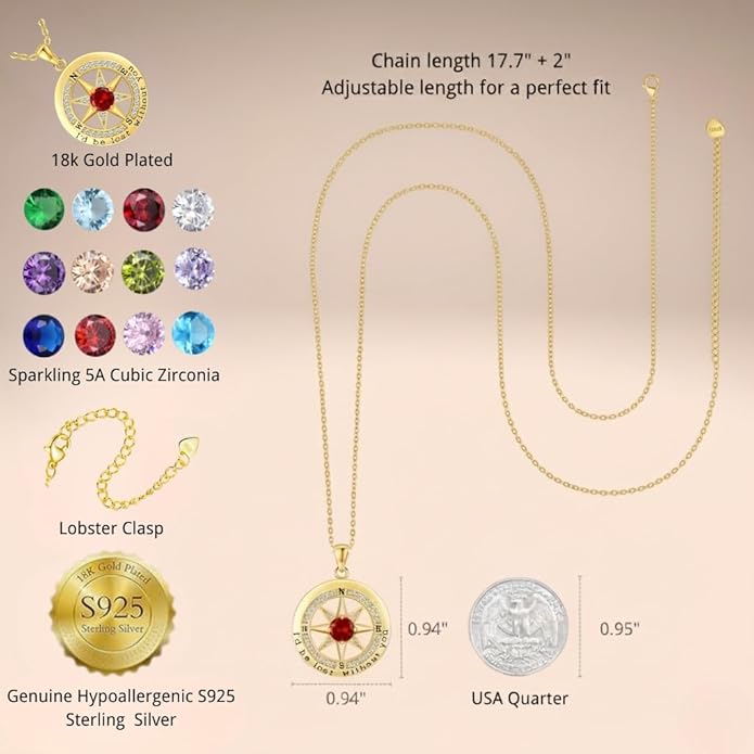 Compass Necklace for Women Wife Girlfriend Mom Daughter Gifts S925 Silver Jewelry For Anniversary Rose Gold Gifts For Birthday Christmas Mothers Valentines Day 12 Birthstones