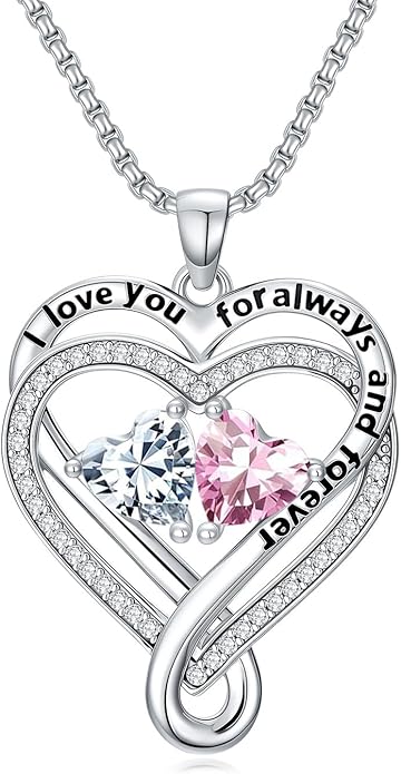 I Love You for Awlays and Forever Double Heart Necklace with Birthstone, 2 Birth Stone Jewelry Anniversary Valentines Mothers Day Christmas Birthday Gifts for Women Her Wife Girlfriend Mom Mother