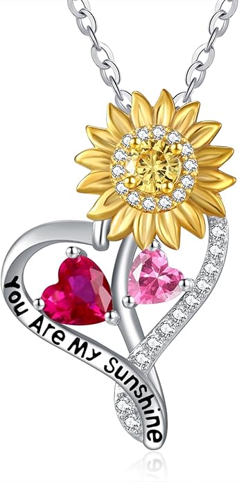 Zeuslia Double Birthstone Necklace Gifts for Wife - 925 Sterling Silver Sunflower/Rose/Crown Cross/Compass/Heart Pendant I Love You Necklace, Anniversary Birthday Gifts for Wife Girlfriend Mom Her