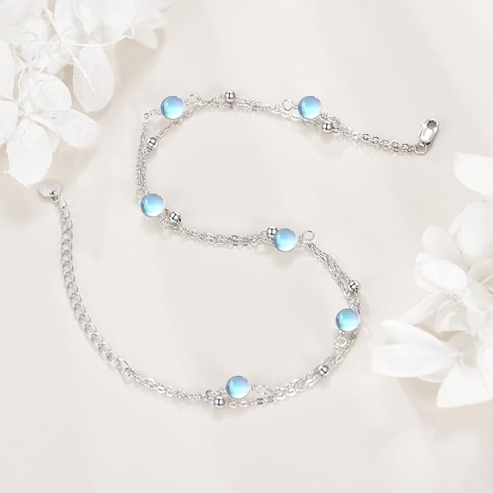 CRMAD Pearl/Moonstone/Larimar/Turquoise/Opal/Black Onyx Bracelet Anklet for Women Sterling Silver Beach Jewelry Gift for Women