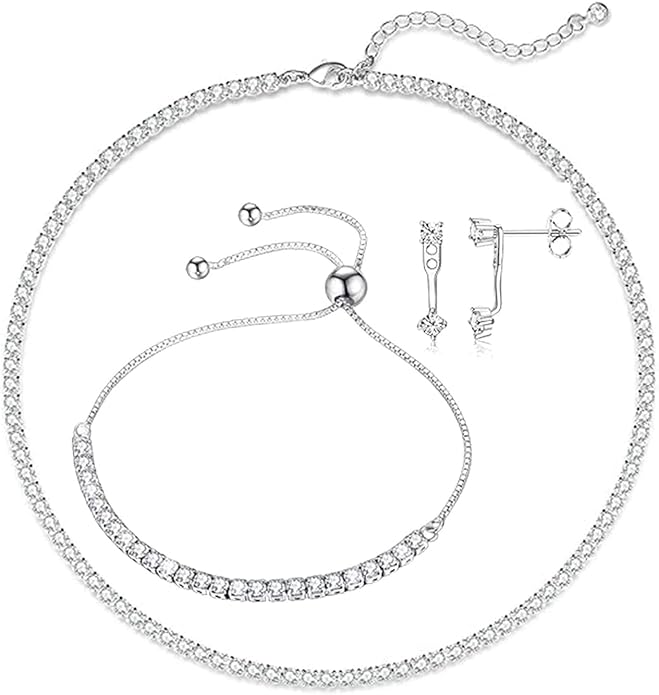 Wsedeluo Sterling Silver Jewelry Set for Women, Diamond Tennis Necklace Bracelet with Stud Earrings, Elegant Women Gift Set for Wedding, Birthday, Valentine’s Day,Engagement, Anniversary, Christmas