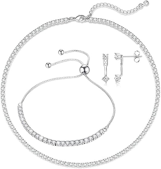 Wsedeluo Sterling Silver Jewelry Set for Women, Diamond Tennis Necklace Bracelet with Stud Earrings, Elegant Women Gift Set for Wedding, Birthday, Valentine’s Day,Engagement, Anniversary, Christmas