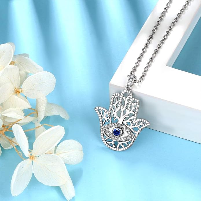 Evil Eye Necklace Evil Eye Hamsa Hand of Fatima Necklace 925 Sterling Silver Fine Jewelry Gifts for Womens White Blue CZ Third Eye Stud Earrings Turkish Eye Ring Hamsa Hand Jewelry Set Gifts Valentine Day Chrismtas Gifts