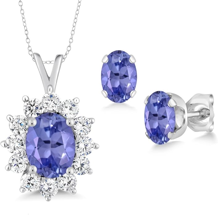 Gem Stone King 8X6MM and 6X4MM Oval Gemstone Birthstone Pendant and Earrings Jewelry Set For Women | 925 Sterling Silver | Fine Jewelry Gifts for Her Mom Women Wife | With 18 Inch Chain