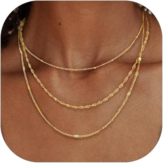Layered Necklaces for Women, Dainty 14K Gold Plated Herringbone Chain Necklace Set Chunky Gold Necklace Stack Layering Choker Necklaces for Women Trendy Fashion Waterproof Jewelry