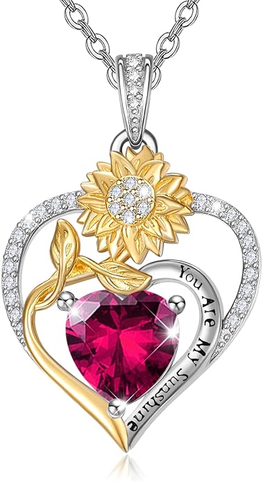 Zeuslia Double Birthstone Necklace Gifts for Wife - 925 Sterling Silver Sunflower/Rose/Crown Cross/Compass/Heart Pendant I Love You Necklace, Anniversary Birthday Gifts for Wife Girlfriend Mom Her