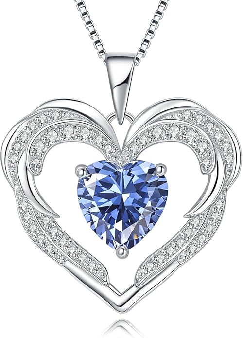 Heart Necklaces Valentine's Gift for Women, Birthstone 925 Sterling Silver Angel Wings Love Pendant Necklaces for Women, Jewelry Gifts for Wife, Anniversary, Mother's day