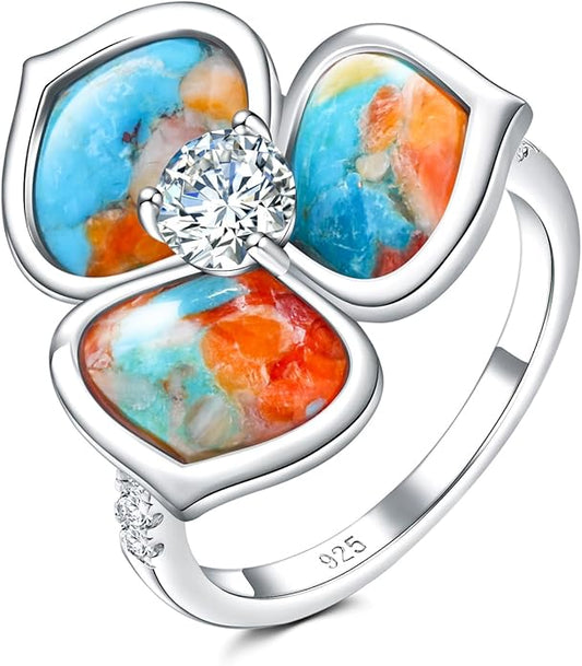 AIBAO Flower Gemstone Rings for Women Three Pental Turquoise/Malachite/Mother of Pearl Flower Ring with Cubic Zirconia Center Sterling Silver Statement Rings Size 6 to 10
