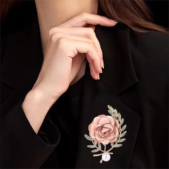 Dreuyet Rose Flower Brooch for Women Dainty Elegant Satin Fabric Flower Lapel Pins Vintage Pearl Camellia Crystal Pin Dress Suit Accessories Valentine's Day Wedding Bouquet Jewelry ﻿