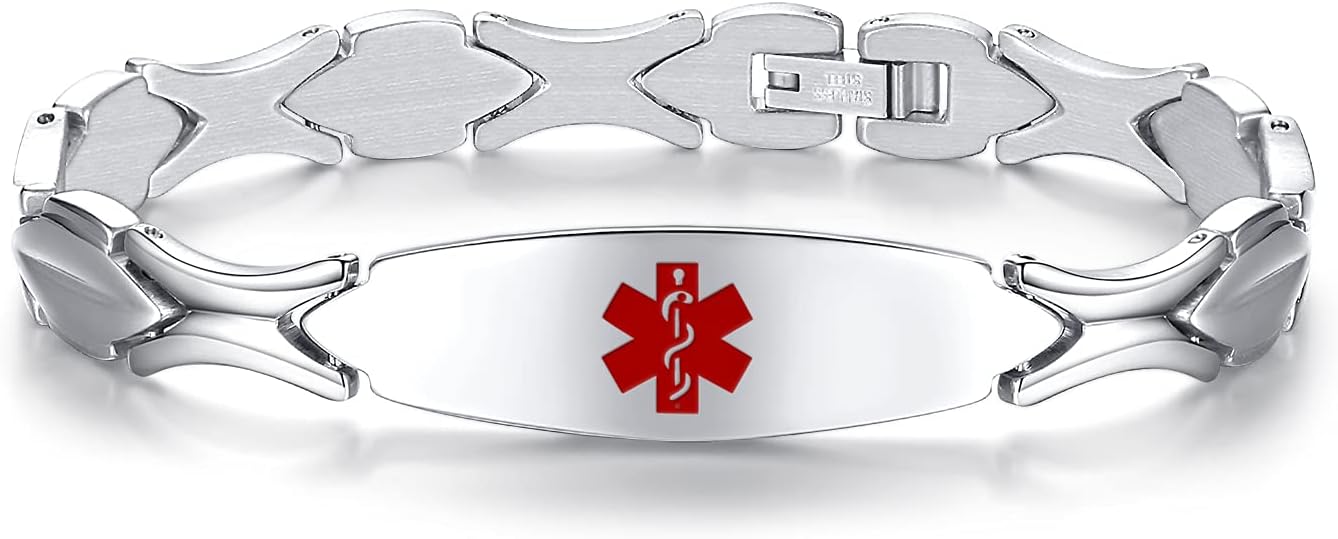 LinnaLove Fashion Shiny medical alert bracelet with Free Engraving Stainless steel Medical id bracelet for Women
