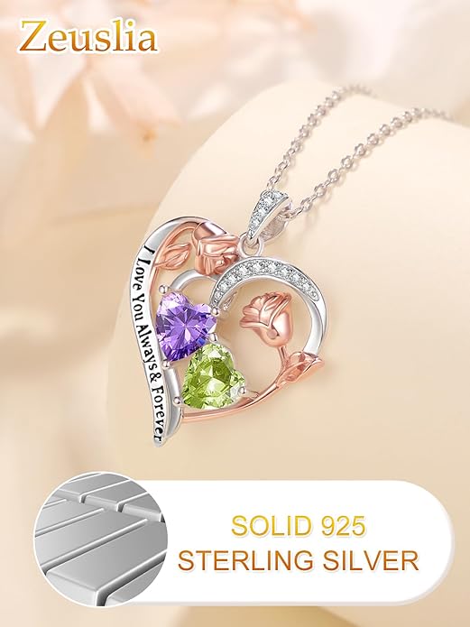 Zeuslia Double Birthstone Necklace Gifts for Wife - 925 Sterling Silver Sunflower/Rose/Crown Cross/Compass/Heart Pendant I Love You Necklace, Anniversary Birthday Gifts for Wife Girlfriend Mom Her
