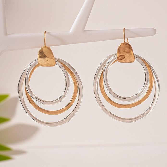 Mixed Metal Earrings, Round Circle Hoop Two Tone Dangle Earrings, Vintage Gold and Silver Geometric Earrings, Handmade Boho Earrings for Women