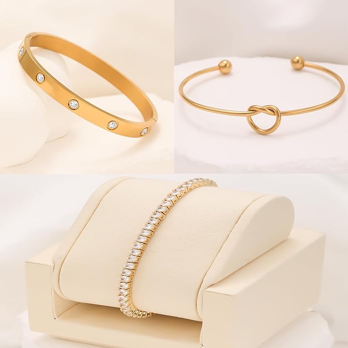 FAFUGA 18 K Gold Plated Love Bangle Bracelet Stack Cuff Jewelry for Women Jewelry Set for Women Gift with Box