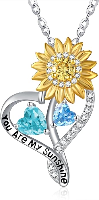 Zeuslia Double Birthstone Necklace Gifts for Wife - 925 Sterling Silver Sunflower/Rose/Crown Cross/Compass/Heart Pendant I Love You Necklace, Anniversary Birthday Gifts for Wife Girlfriend Mom Her